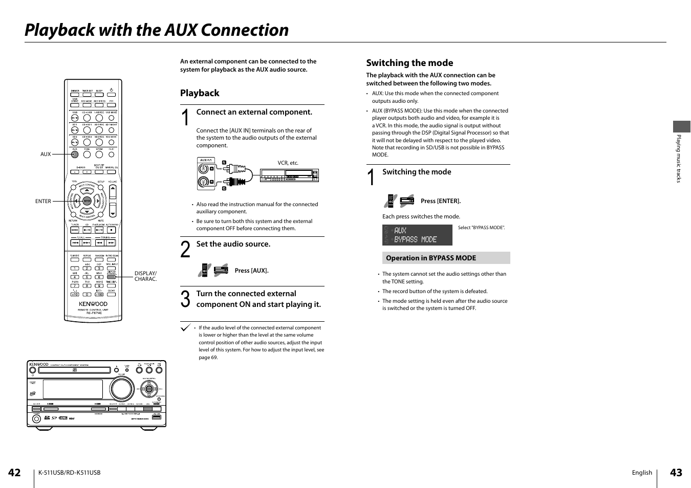 Playback with the aux connection | Kenwood K-511USB-B User Manual | Page 22 / 59