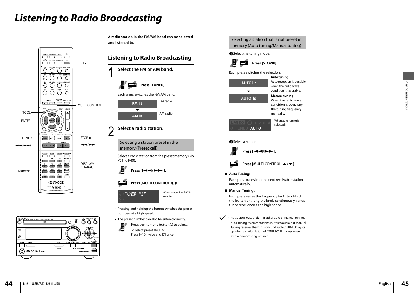 Listening to radio broadcasting | Kenwood K-511USB-B User Manual | Page 23 / 59