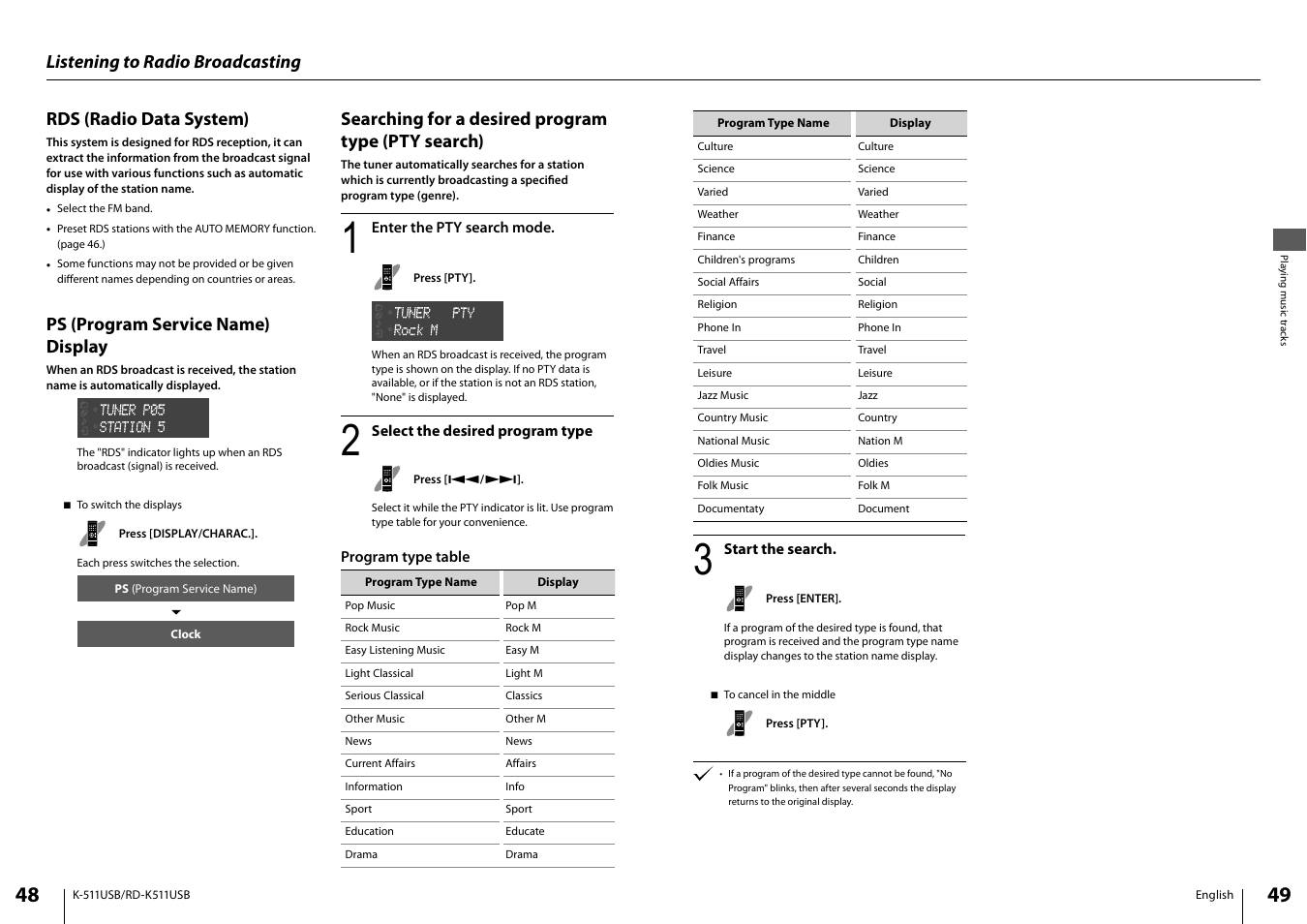 Ps (program service name) display, Searching for a desired program type (pty search) | Kenwood K-511USB-B User Manual | Page 25 / 59