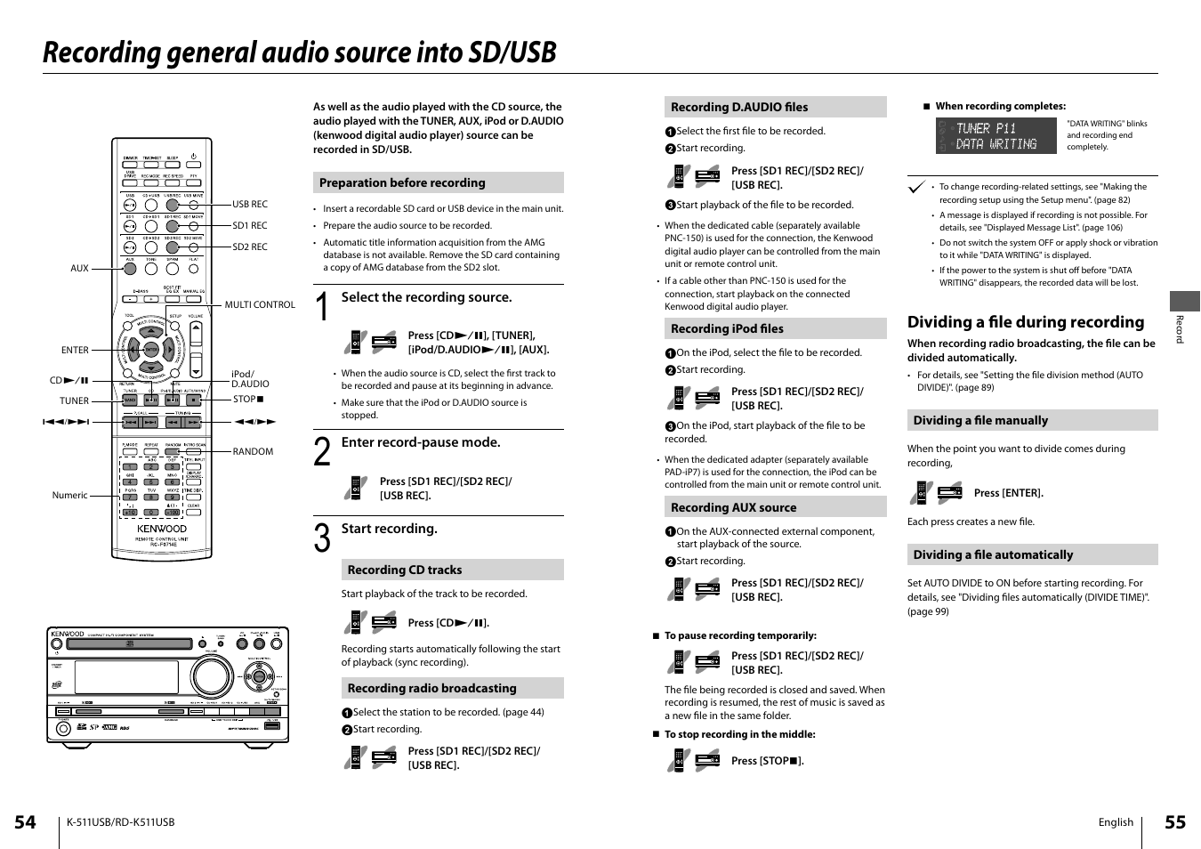 Recording general audio source into sd/usb, Dividing a fi le during recording | Kenwood K-511USB-B User Manual | Page 28 / 59