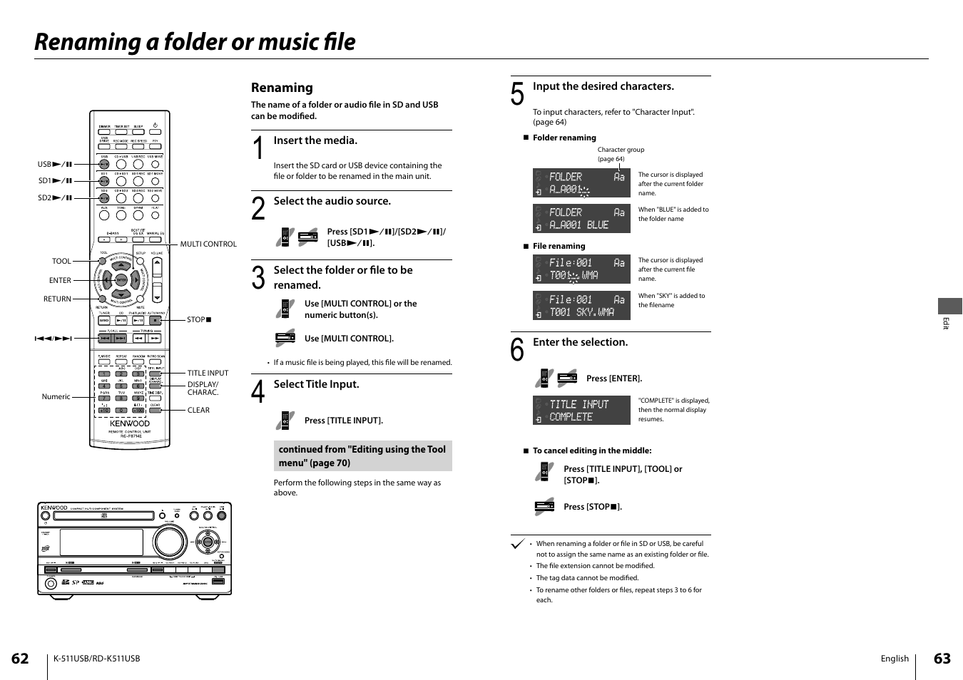 Renaming a folder or music fi le | Kenwood K-511USB-B User Manual | Page 32 / 59