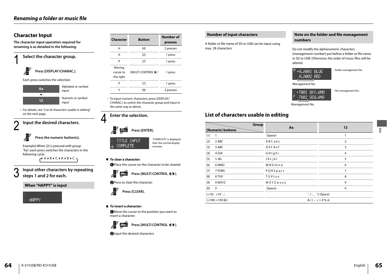 Renaming a folder or music fi le character input, List of characters usable in editing | Kenwood K-511USB-B User Manual | Page 33 / 59