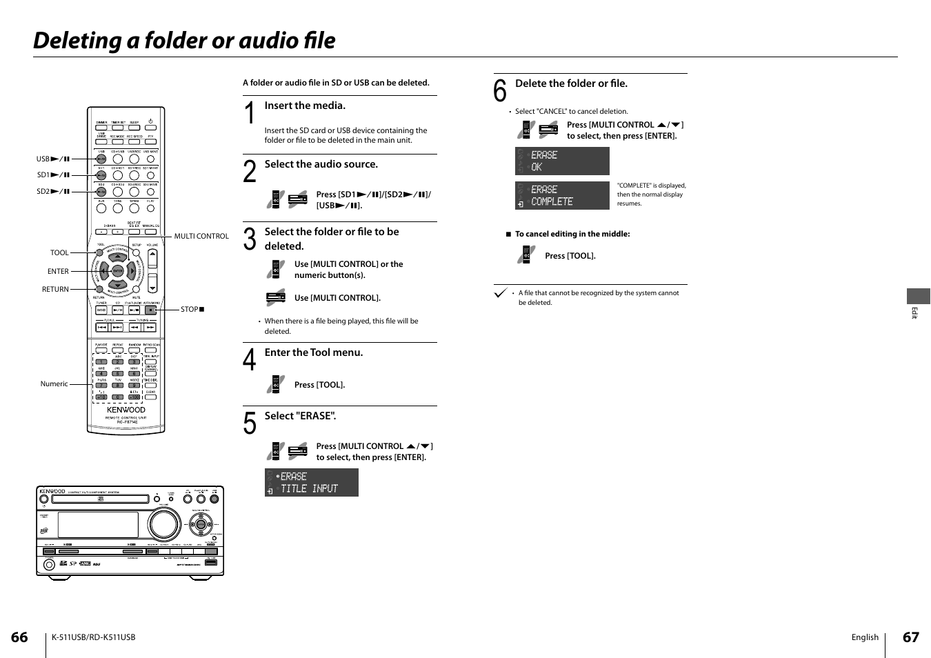 Deleting a folder or audio fi le | Kenwood K-511USB-B User Manual | Page 34 / 59