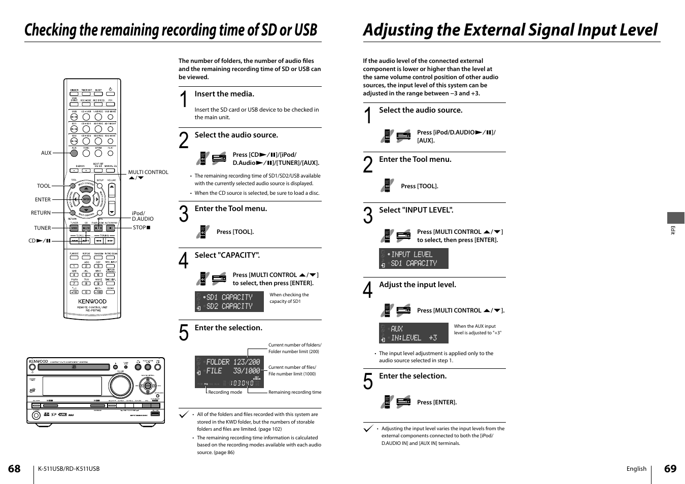 Checking the remaining recording time of sd or usb, Adjusting the external signal input level | Kenwood K-511USB-B User Manual | Page 35 / 59