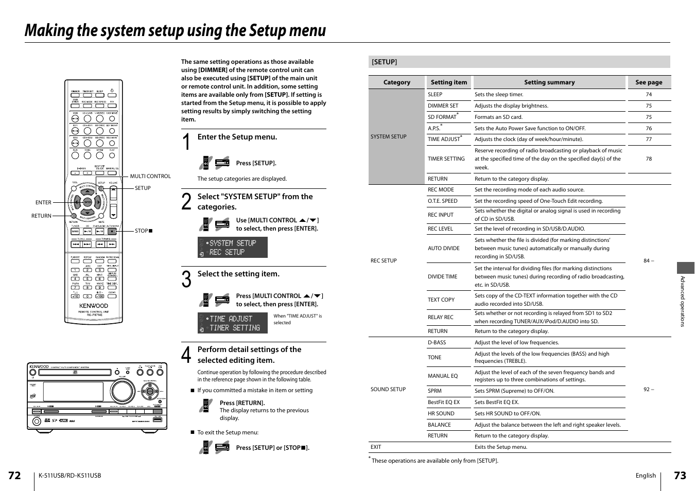 Making the system setup using the setup menu | Kenwood K-511USB-B User Manual | Page 37 / 59