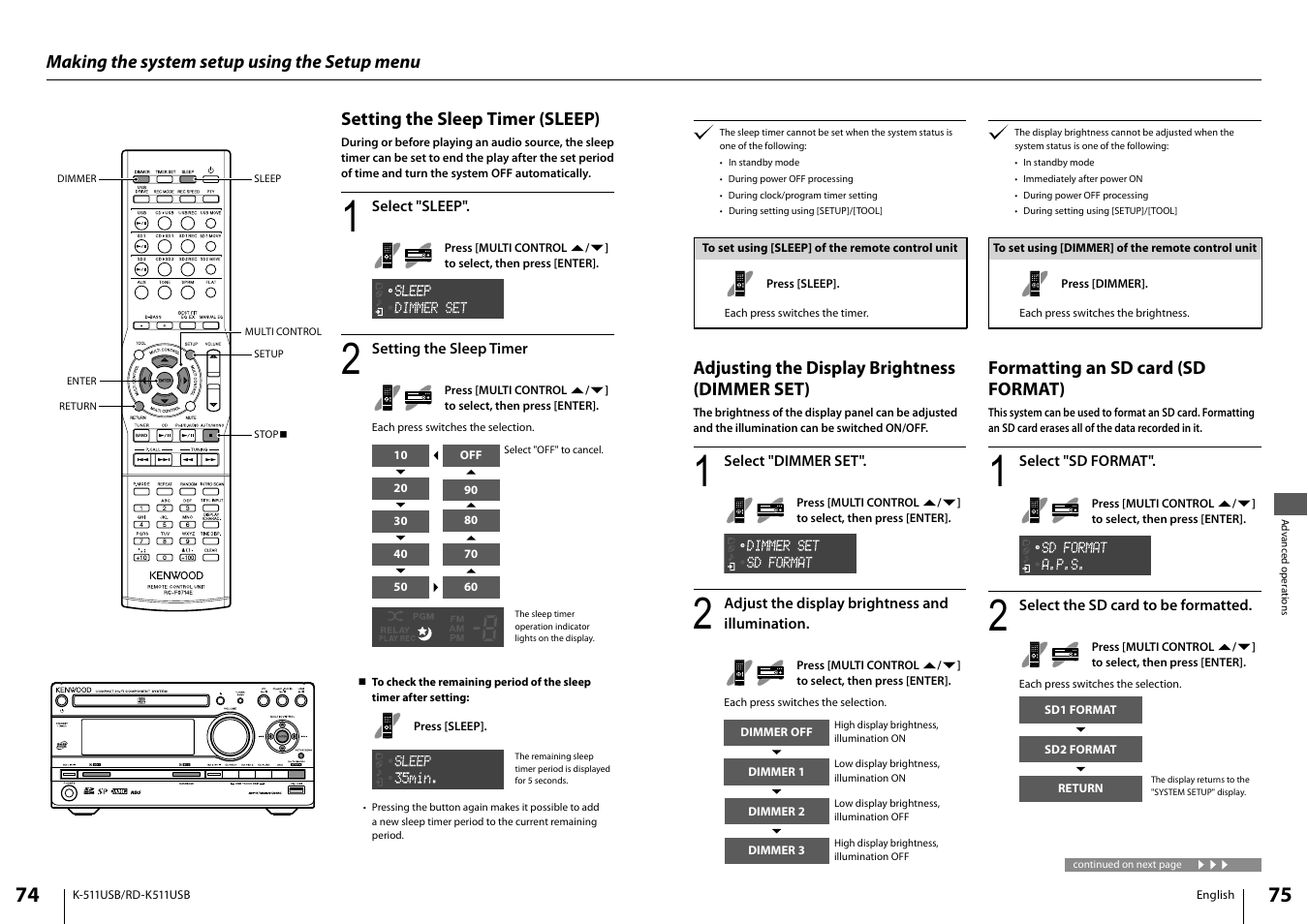 Setting the sleep timer (sleep), Formatting an sd card (sd format), Adjusting the display brightness (dimmer set) | Making the system setup using the setup menu | Kenwood K-511USB-B User Manual | Page 38 / 59