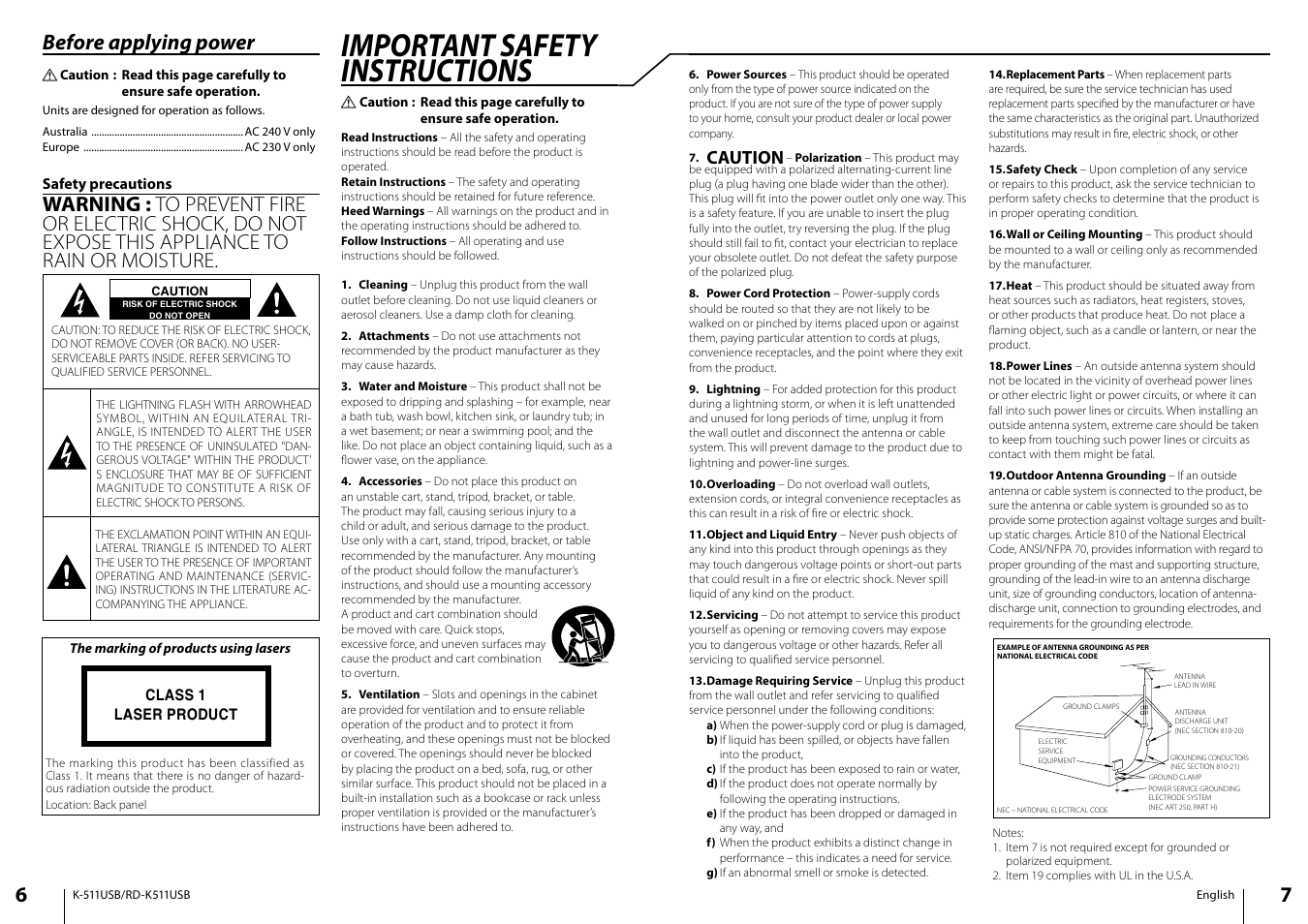 Important safety instructions, Before applying power | Kenwood K-511USB-B User Manual | Page 4 / 59