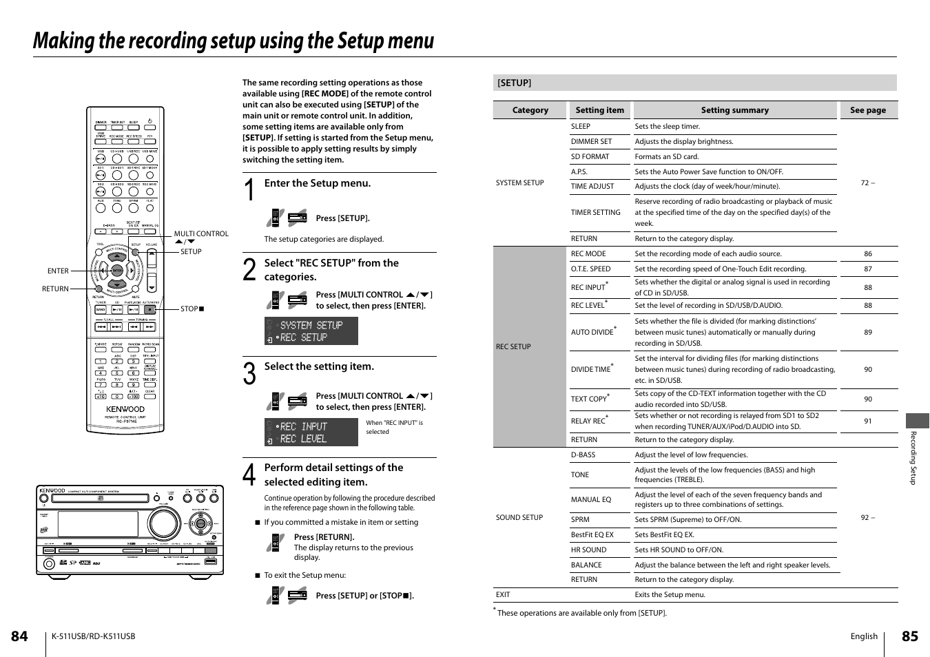 Making the recording setup using the setup menu | Kenwood K-511USB-B User Manual | Page 43 / 59