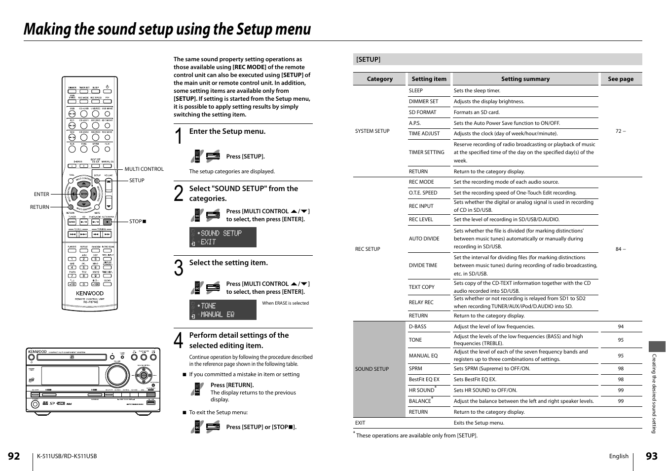 Making the sound setup using the setup menu | Kenwood K-511USB-B User Manual | Page 47 / 59