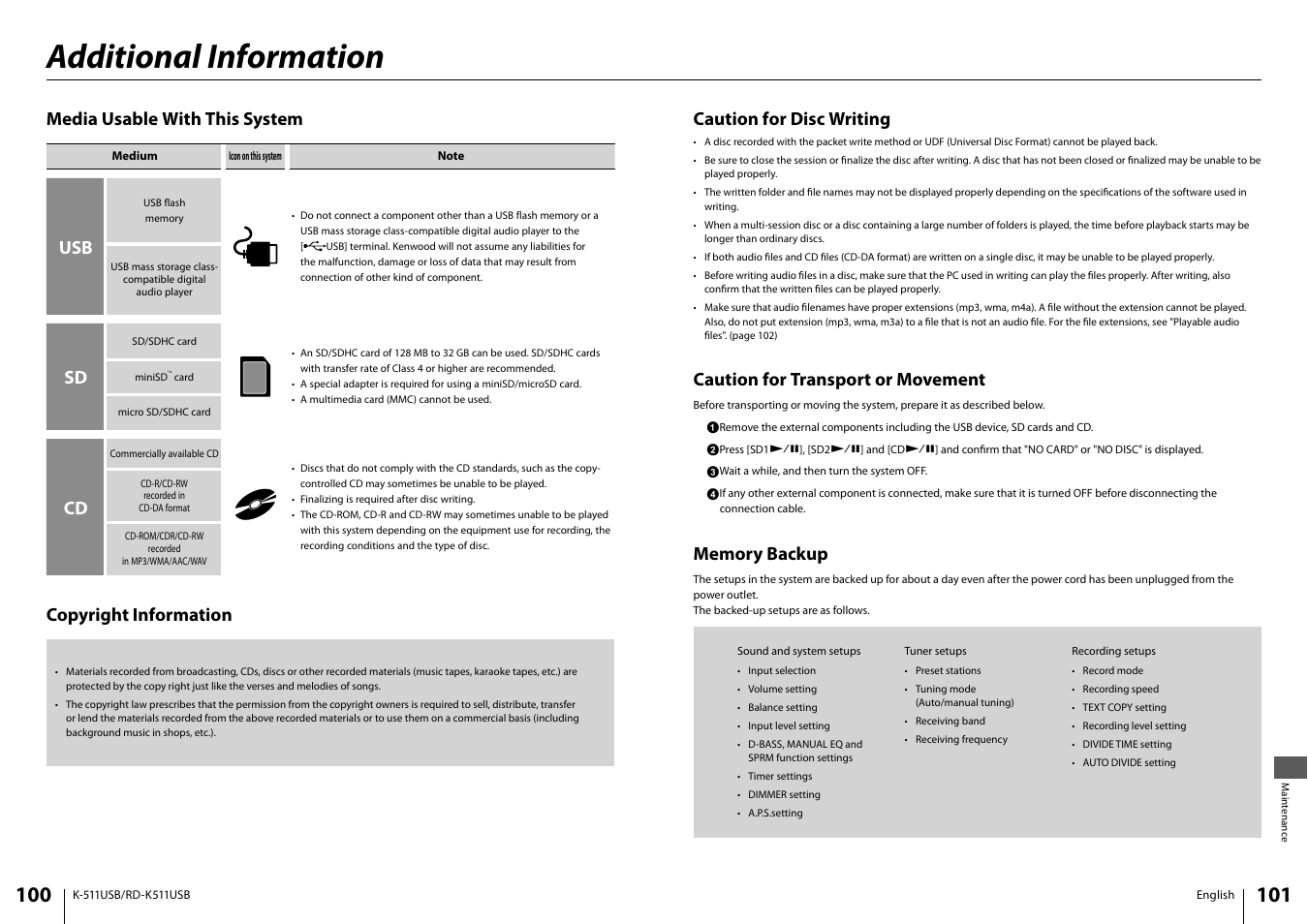 Additional information, Media usable with this system, Copyright information | Caution for disc writing, Caution for transport or movement | Kenwood K-511USB-B User Manual | Page 51 / 59