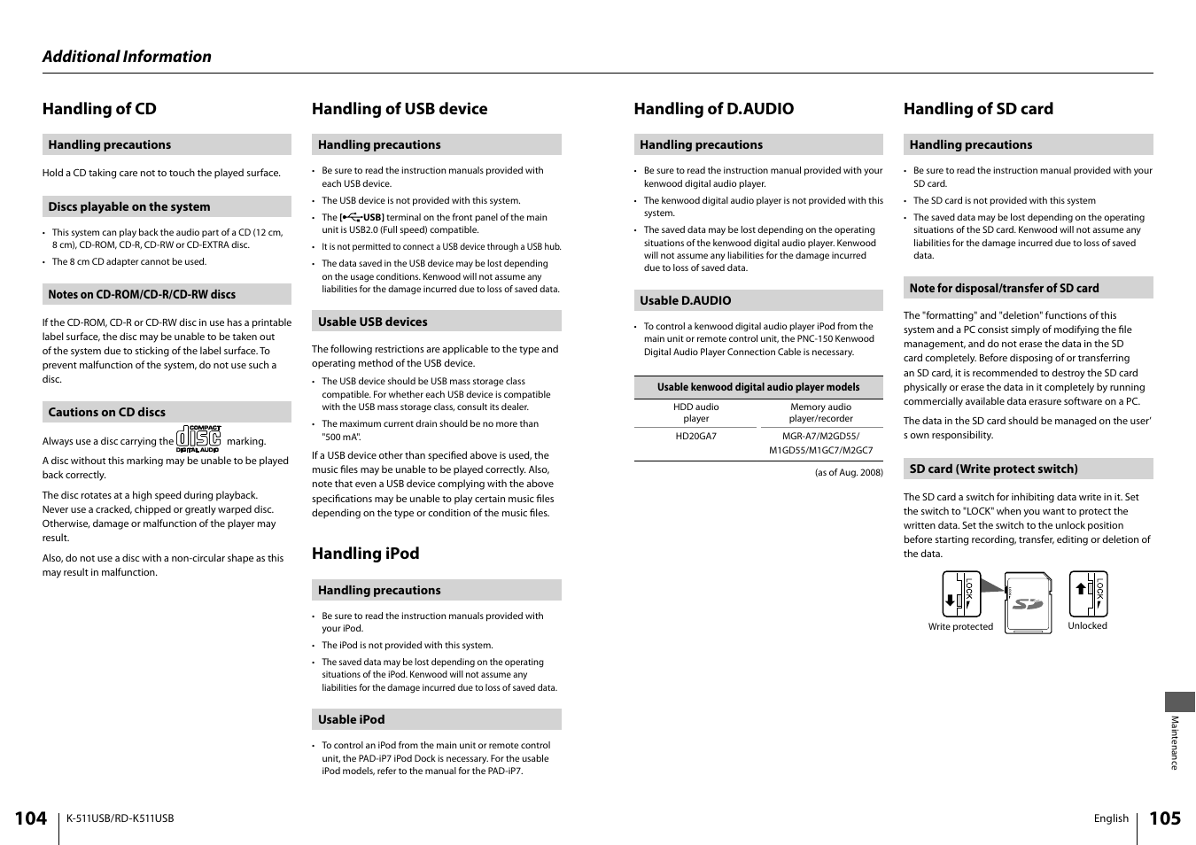 Handling of usb device, Handling ipod, Handling of cd | Additional information handling of d.audio, Handling of sd card | Kenwood K-511USB-B User Manual | Page 53 / 59