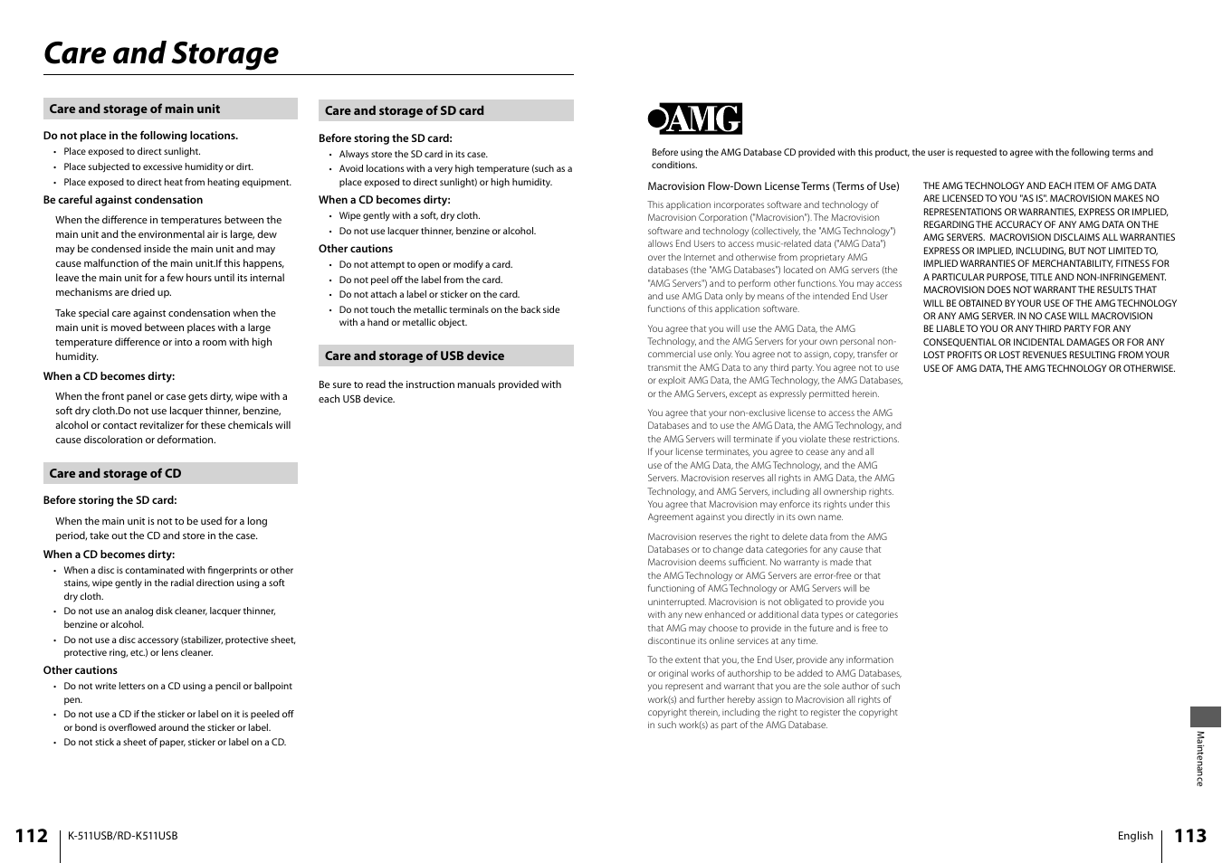 Care and storage | Kenwood K-511USB-B User Manual | Page 57 / 59