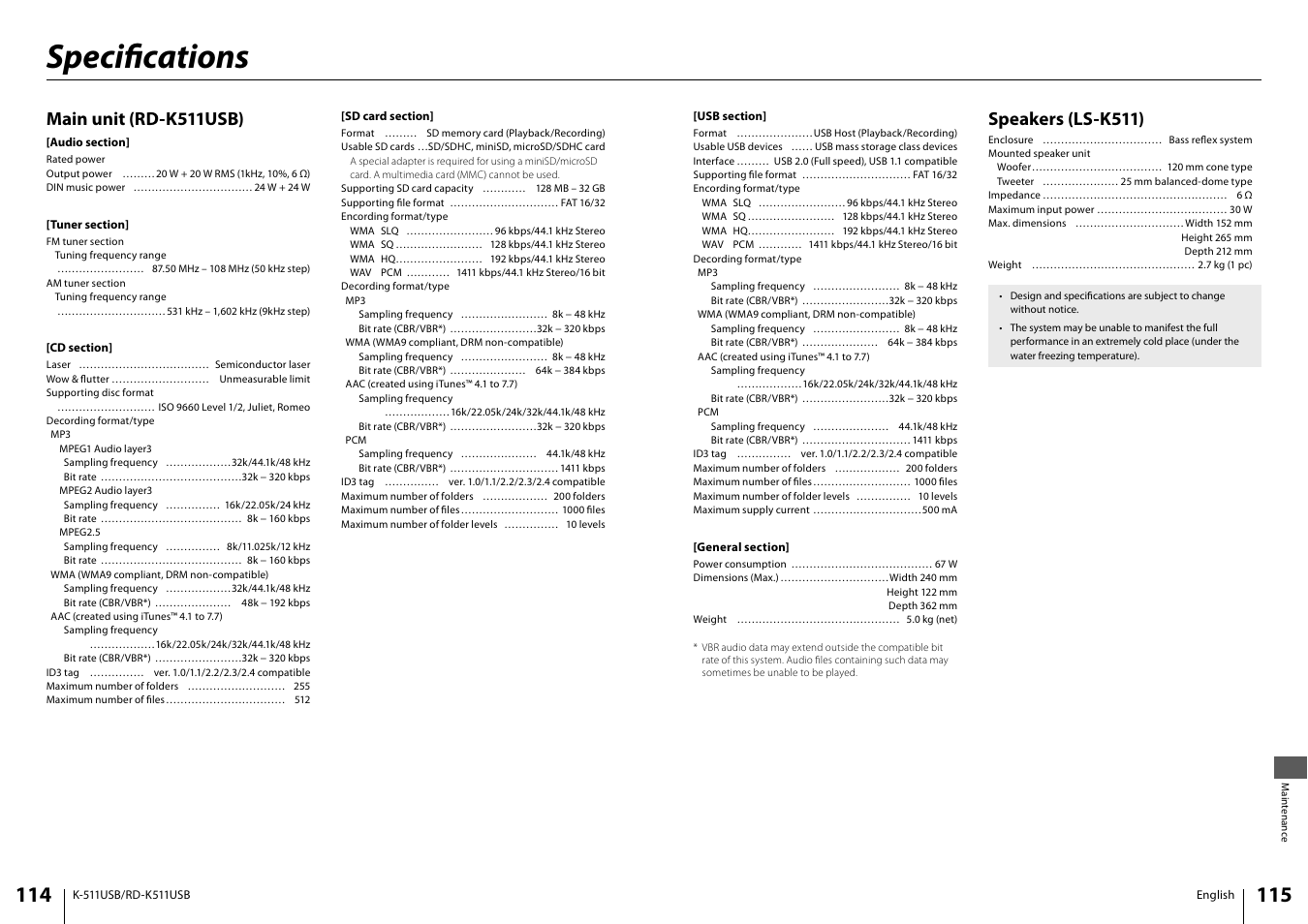 Specifi cations, Main unit (rd-k511usb), Speakers (ls-k511) | Kenwood K-511USB-B User Manual | Page 58 / 59