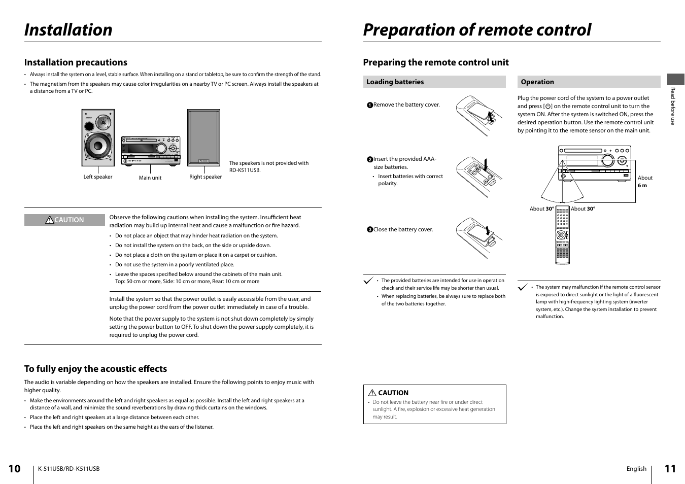 Preparation of remote control, Installation, Preparing the remote control unit | Installation precautions | Kenwood K-511USB-B User Manual | Page 6 / 59