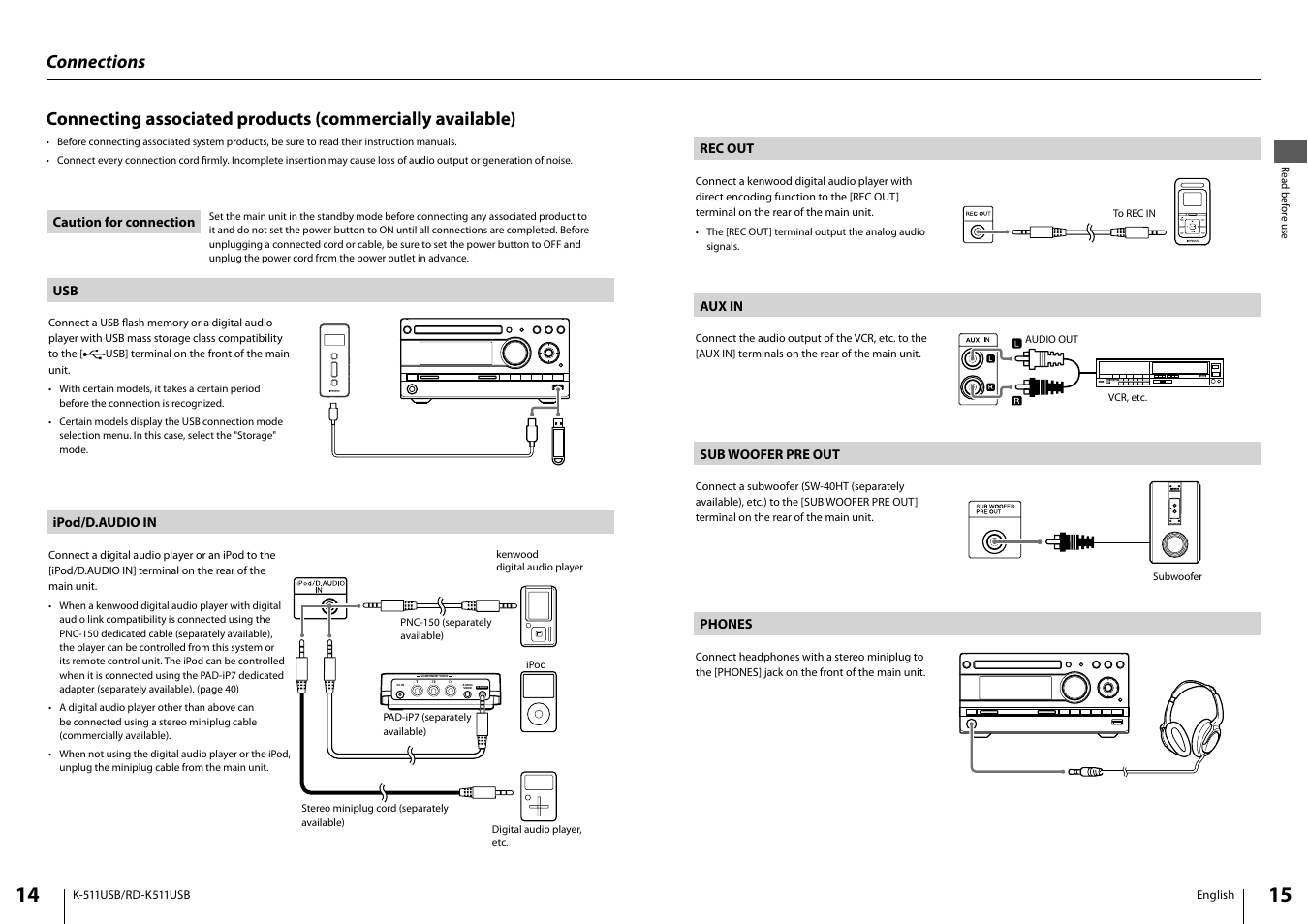 D.audio, Connections | Kenwood K-511USB-B User Manual | Page 8 / 59