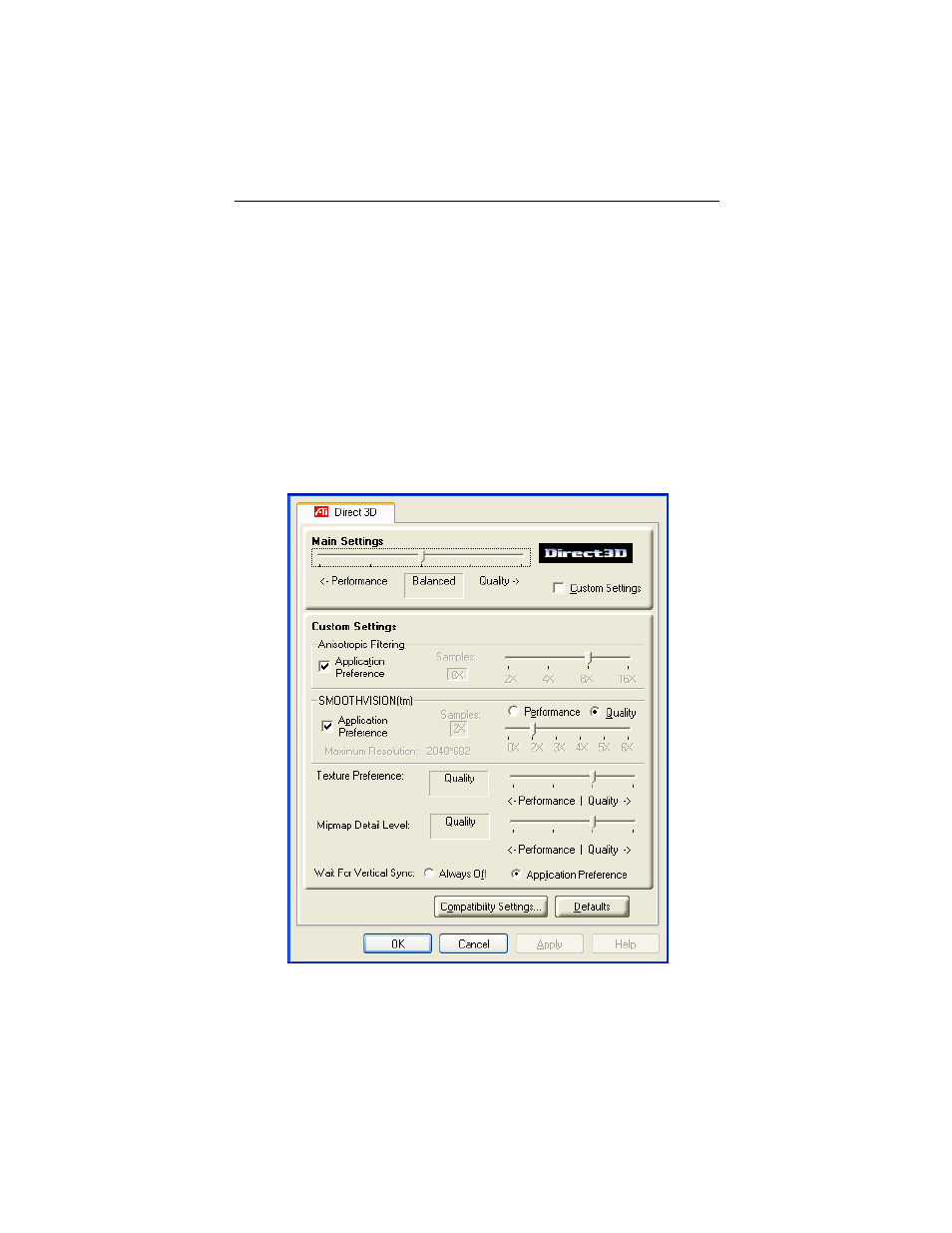 Direct 3d® control panel, Main and custom settings, R to | Direct 3d, Control panel | ATI Technologies RADEON 9000 User Manual | Page 19 / 34