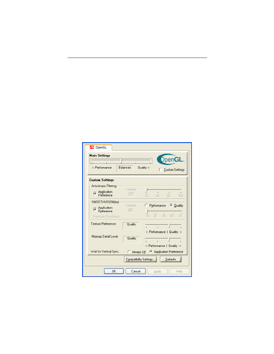 Opengl® control panel, Main and custom settings, Opengl® control panel on | Opengl, Control panel | ATI Technologies RADEON 9000 User Manual | Page 24 / 34