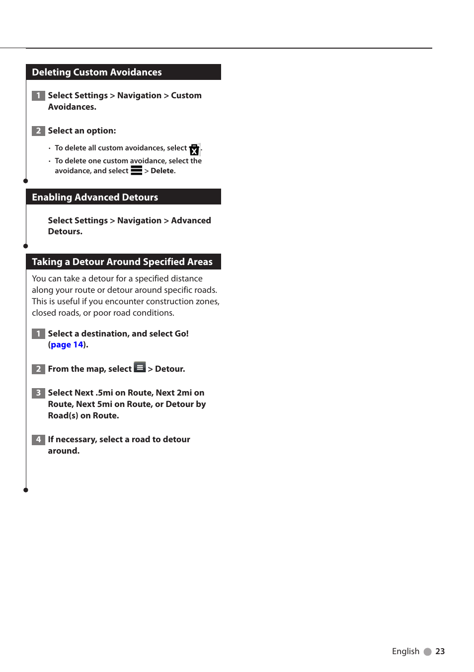 Deleting custom avoidances, Enabling advanced detours, Taking a detour around specified areas | Kenwood DNN9250DAB User Manual | Page 23 / 38