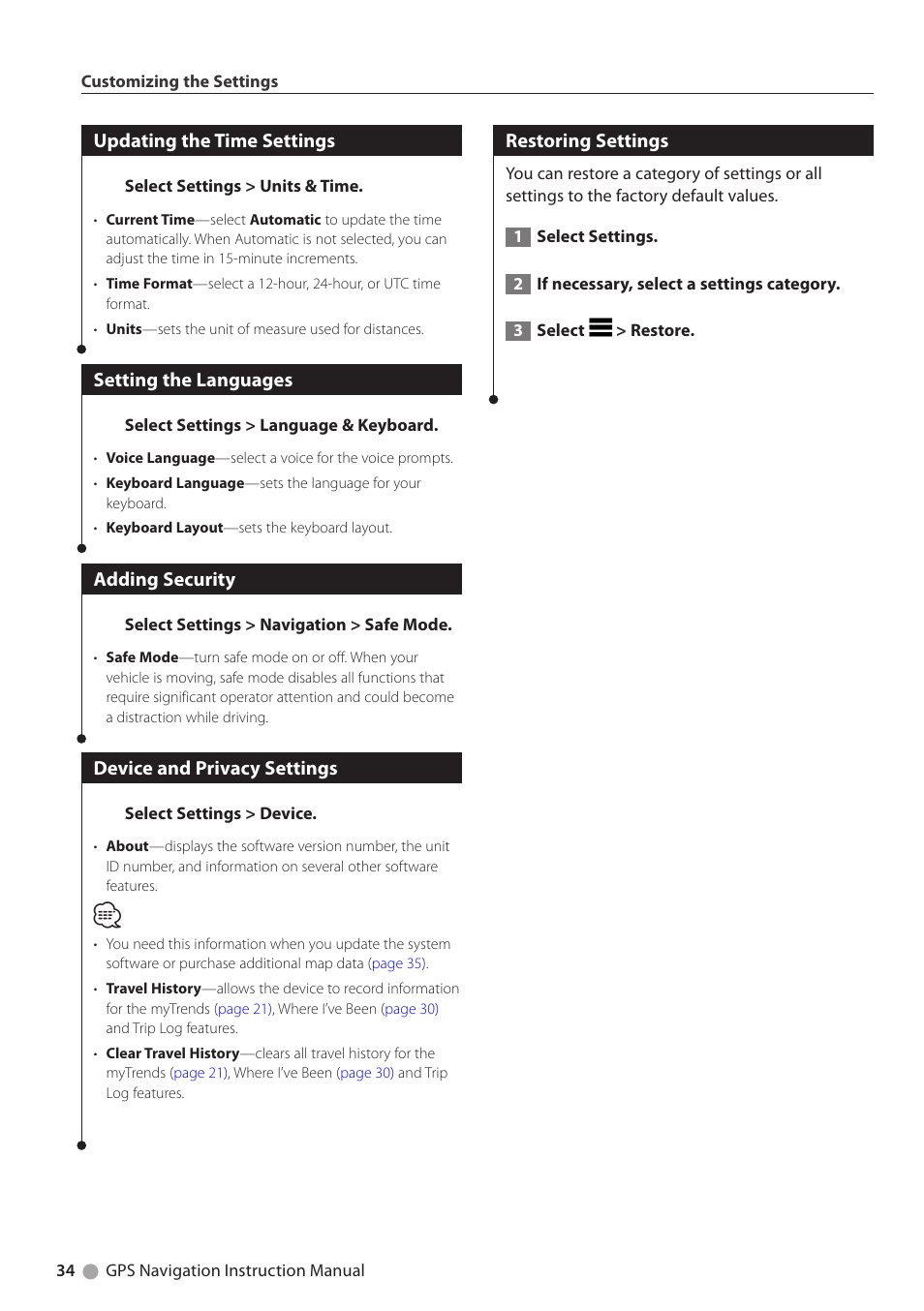 Updating the time settings, Setting the languages, Adding security | Device and privacy settings, Restoring settings | Kenwood DNN9250DAB User Manual | Page 34 / 38