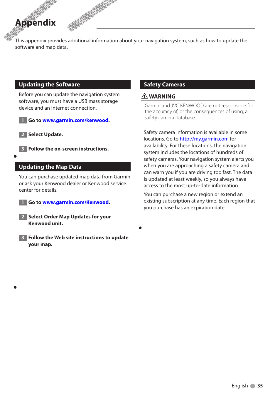Appendix, Updating the software, Updating the map data | Safety cameras | Kenwood DNN9250DAB User Manual | Page 35 / 38