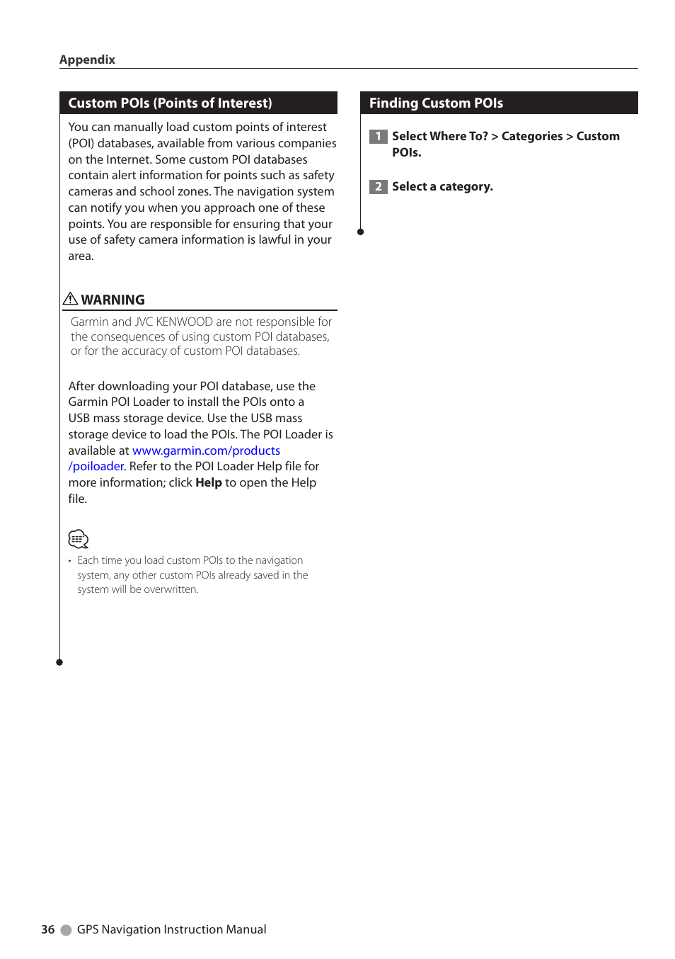 Custom pois (points of interest), Finding custom pois | Kenwood DNN9250DAB User Manual | Page 36 / 38