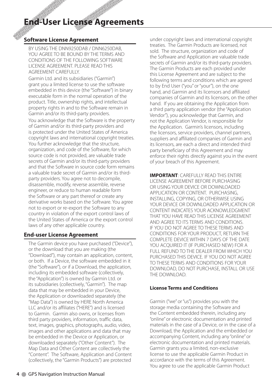 End-user license agreements | Kenwood DNN9250DAB User Manual | Page 4 / 38