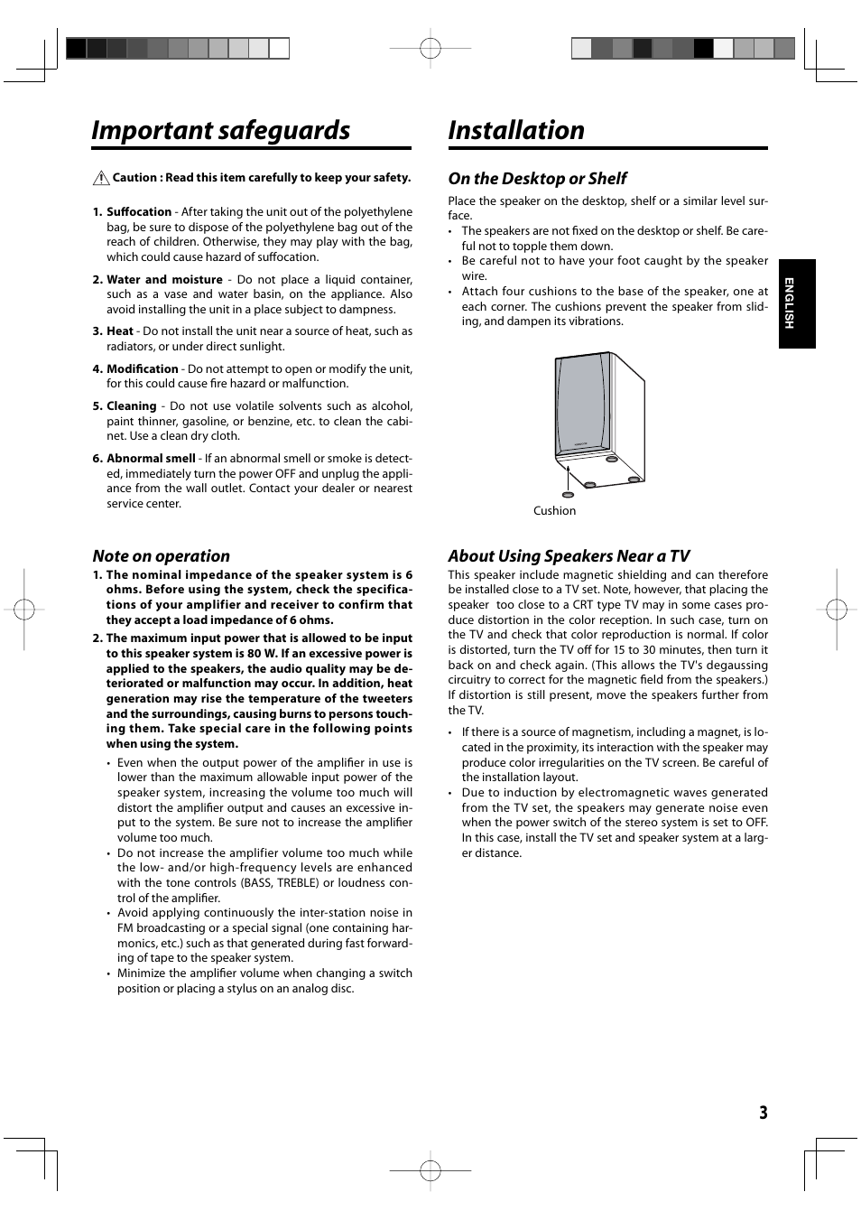 Important safeguards, Installation, About using speakers near a tv | On the desktop or shelf | Kenwood K-711-B User Manual | Page 3 / 5