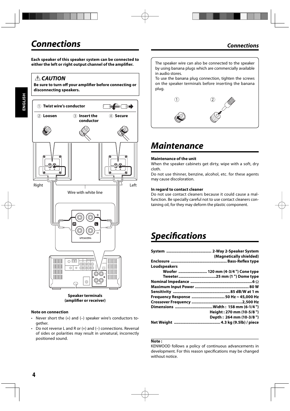 Connections, Specifi cations, Maintenance | Caution | Kenwood K-711-B User Manual | Page 4 / 5