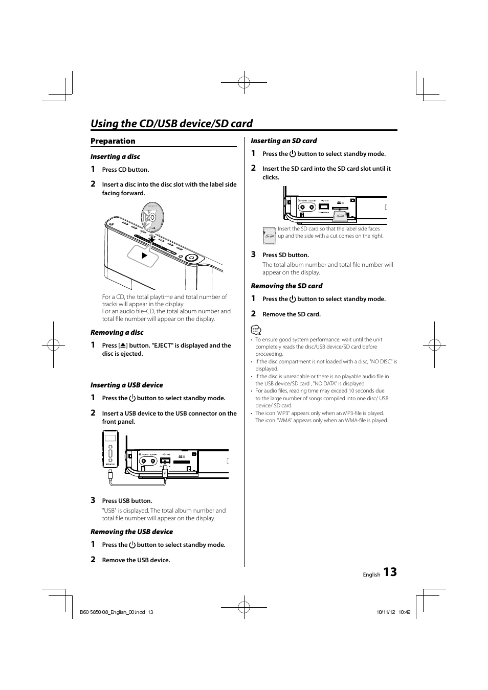 Using the cd/usb device/sd card | Kenwood CLX-70-W User Manual | Page 13 / 24