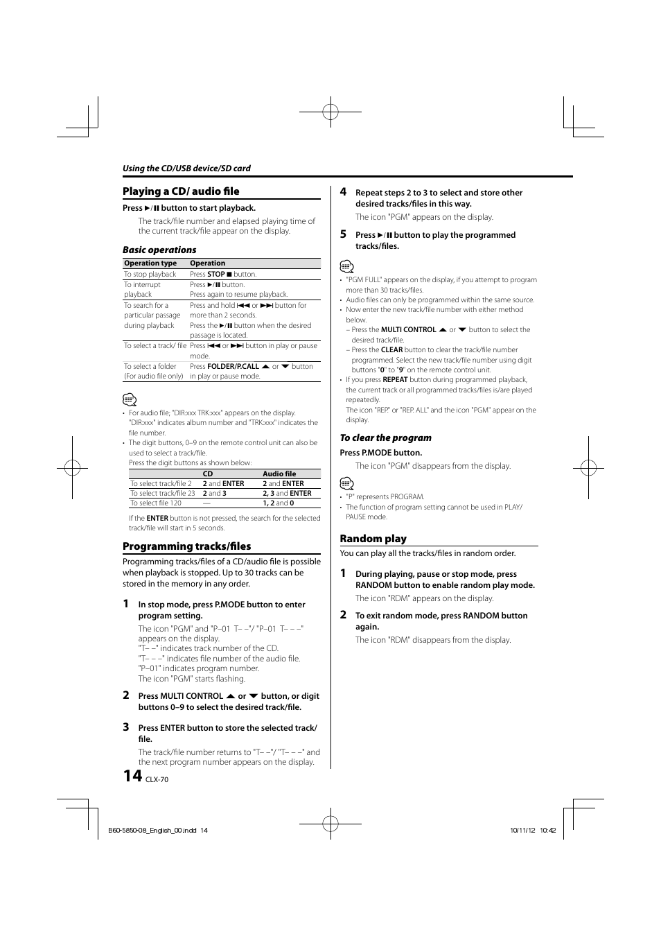 Playing a cd/ audio fi le, Programming tracks/fi les, Random play | Kenwood CLX-70-W User Manual | Page 14 / 24