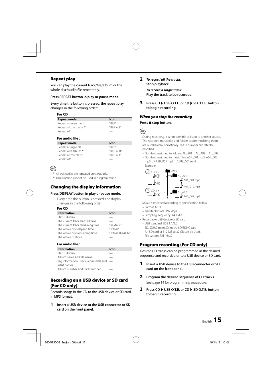 Repeat play, Changing the display information, Recording on a usb device or sd card (for cd only) | Program recording (for cd only) | Kenwood CLX-70-W User Manual | Page 15 / 24