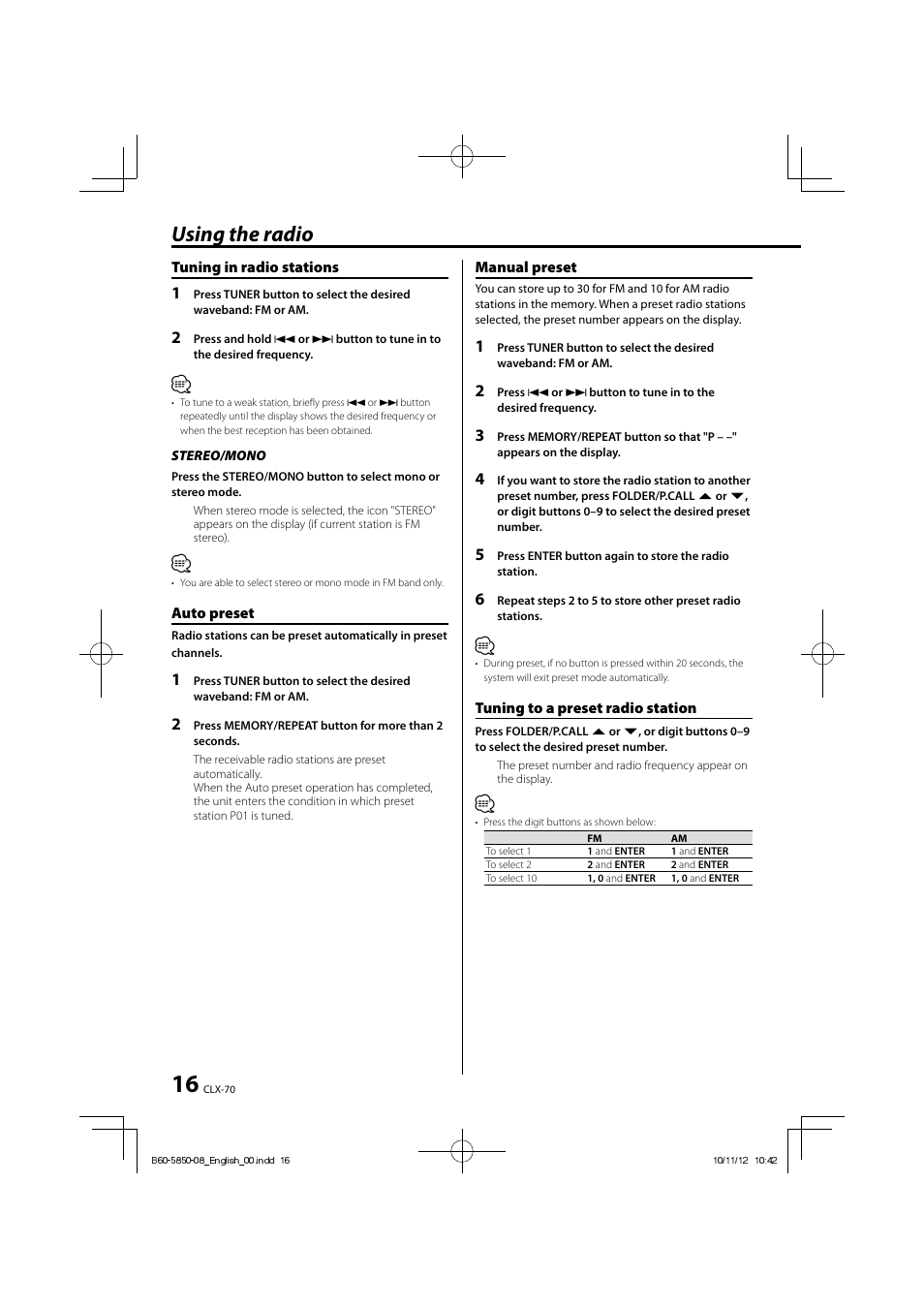 Using the radio | Kenwood CLX-70-W User Manual | Page 16 / 24