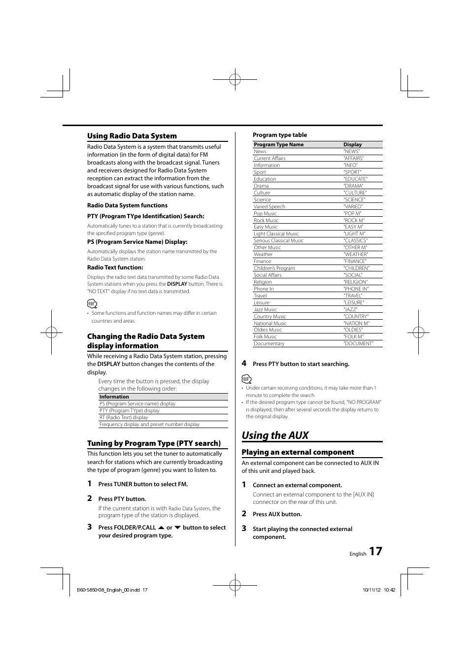 Using the aux, Using radio data system, Changing the radio data system display information | Tuning by program type (pty search), Playing an external component | Kenwood CLX-70-W User Manual | Page 17 / 24