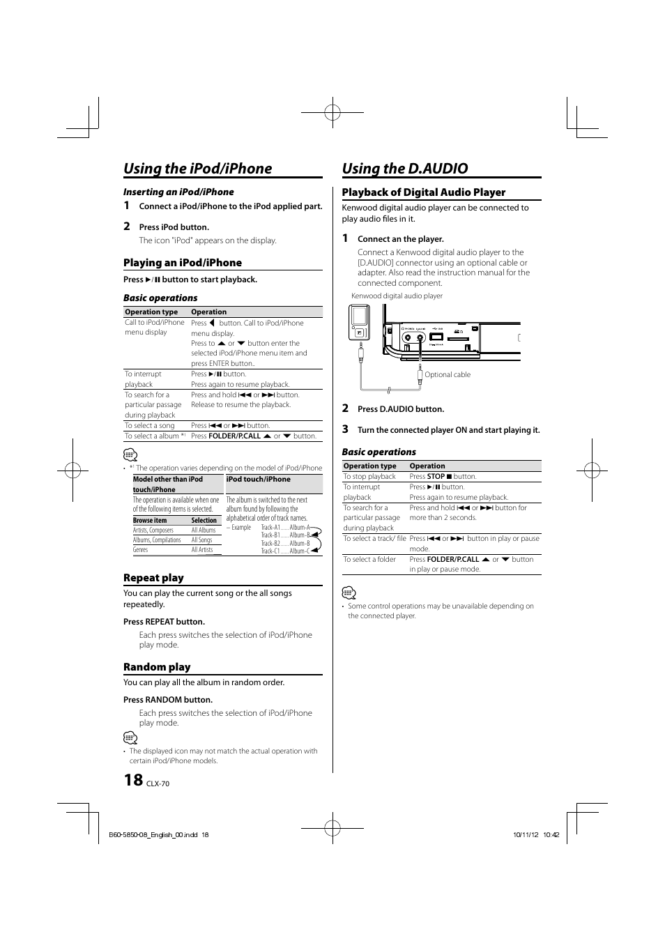 Using the d.audio using the ipod/iphone, Playback of digital audio player, Playing an ipod/iphone | Repeat play, Random play | Kenwood CLX-70-W User Manual | Page 18 / 24