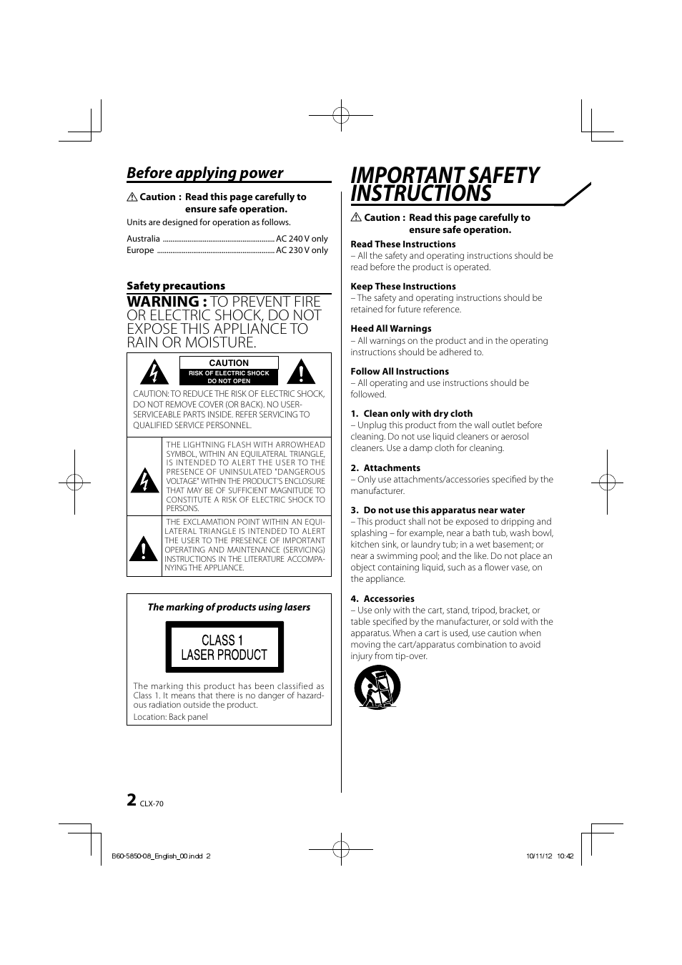 Important safety instructions, Before applying power | Kenwood CLX-70-W User Manual | Page 2 / 24