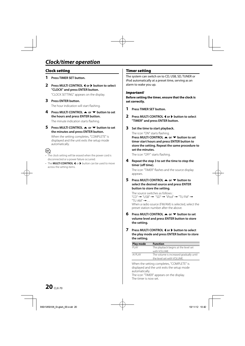 Clock/timer operation | Kenwood CLX-70-W User Manual | Page 20 / 24