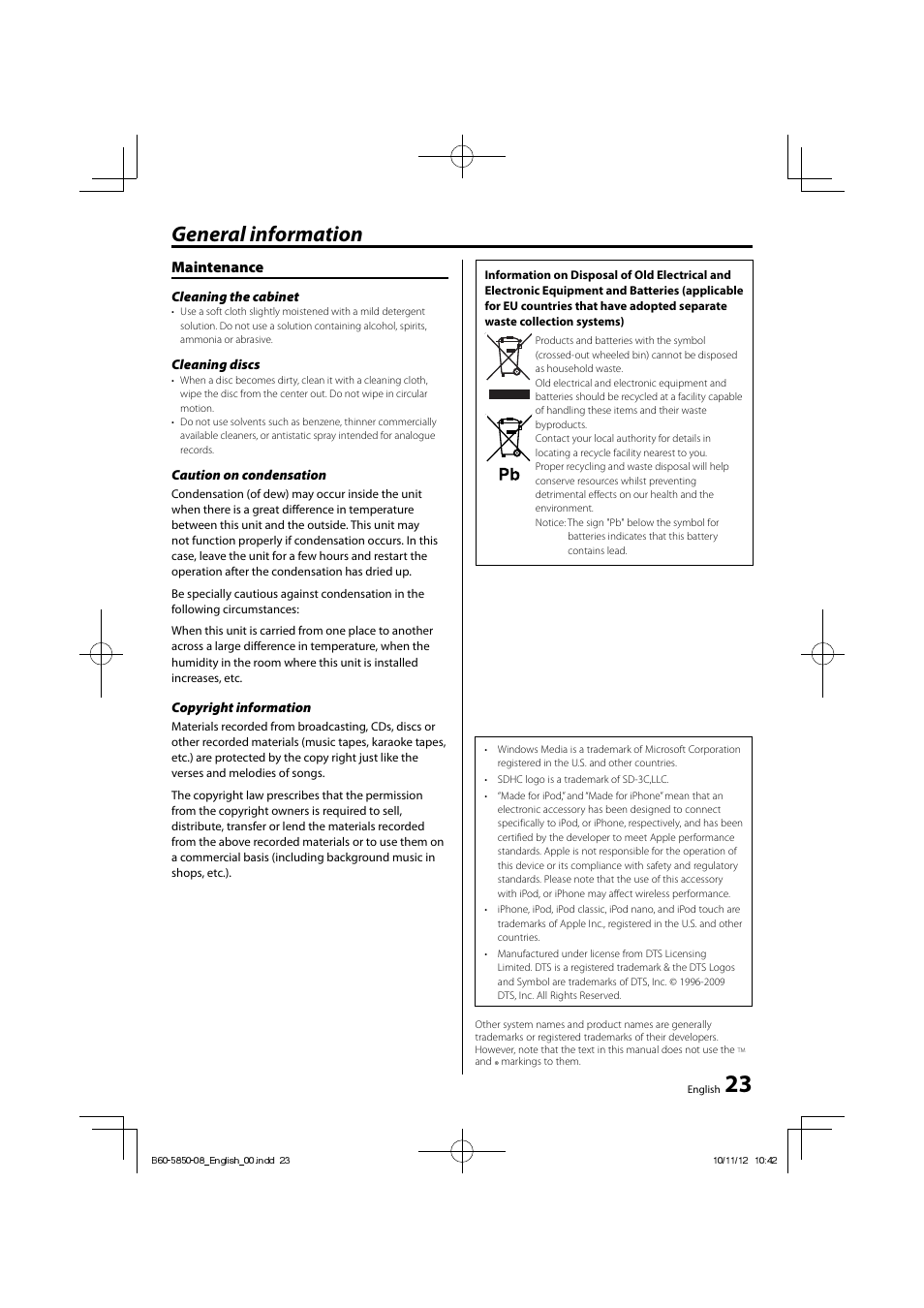 General information, Maintenance | Kenwood CLX-70-W User Manual | Page 23 / 24