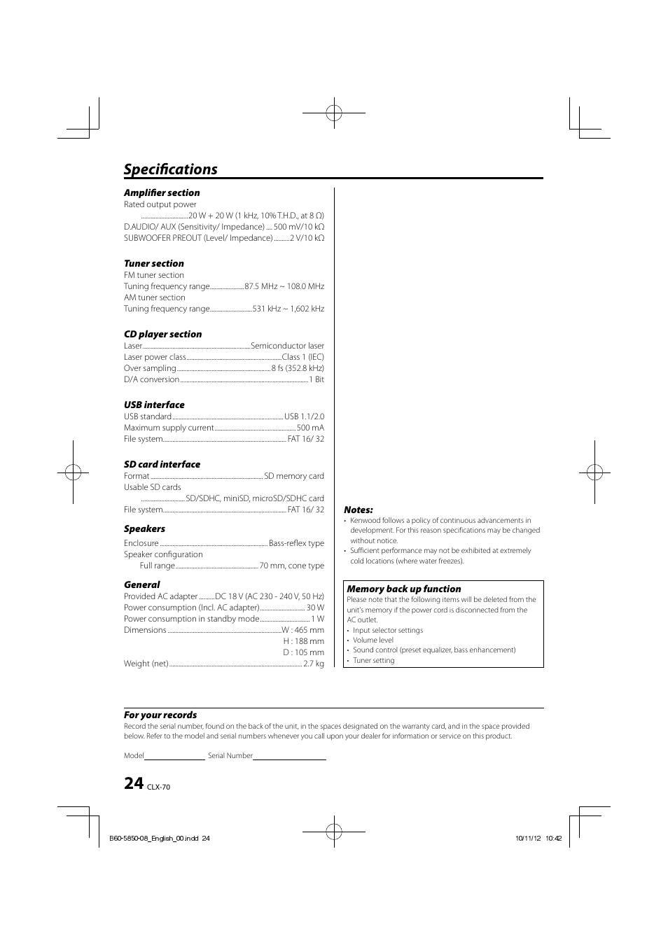 Specifi cations | Kenwood CLX-70-W User Manual | Page 24 / 24