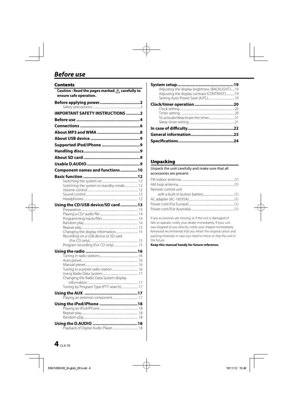 Before use | Kenwood CLX-70-W User Manual | Page 4 / 24