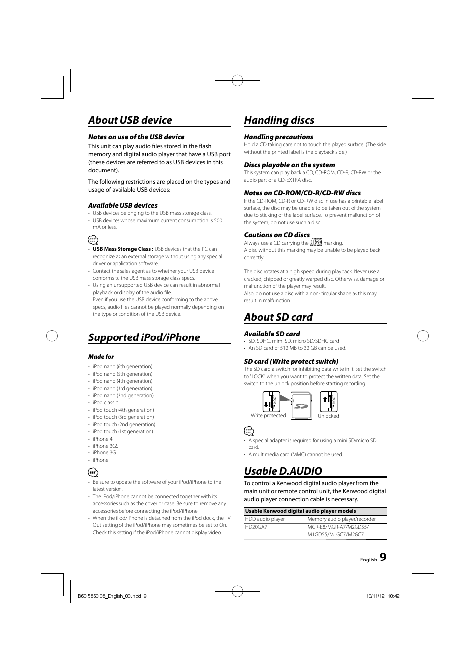 About usb device, Supported ipod/iphone, Handling discs | About sd card, Usable d.audio | Kenwood CLX-70-W User Manual | Page 9 / 24