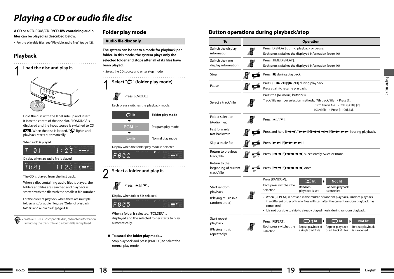 Playing a cd or audio fi le disc, Folder play mode, Playback | Button operations during playback/stop | Kenwood K-525-S User Manual | Page 10 / 27