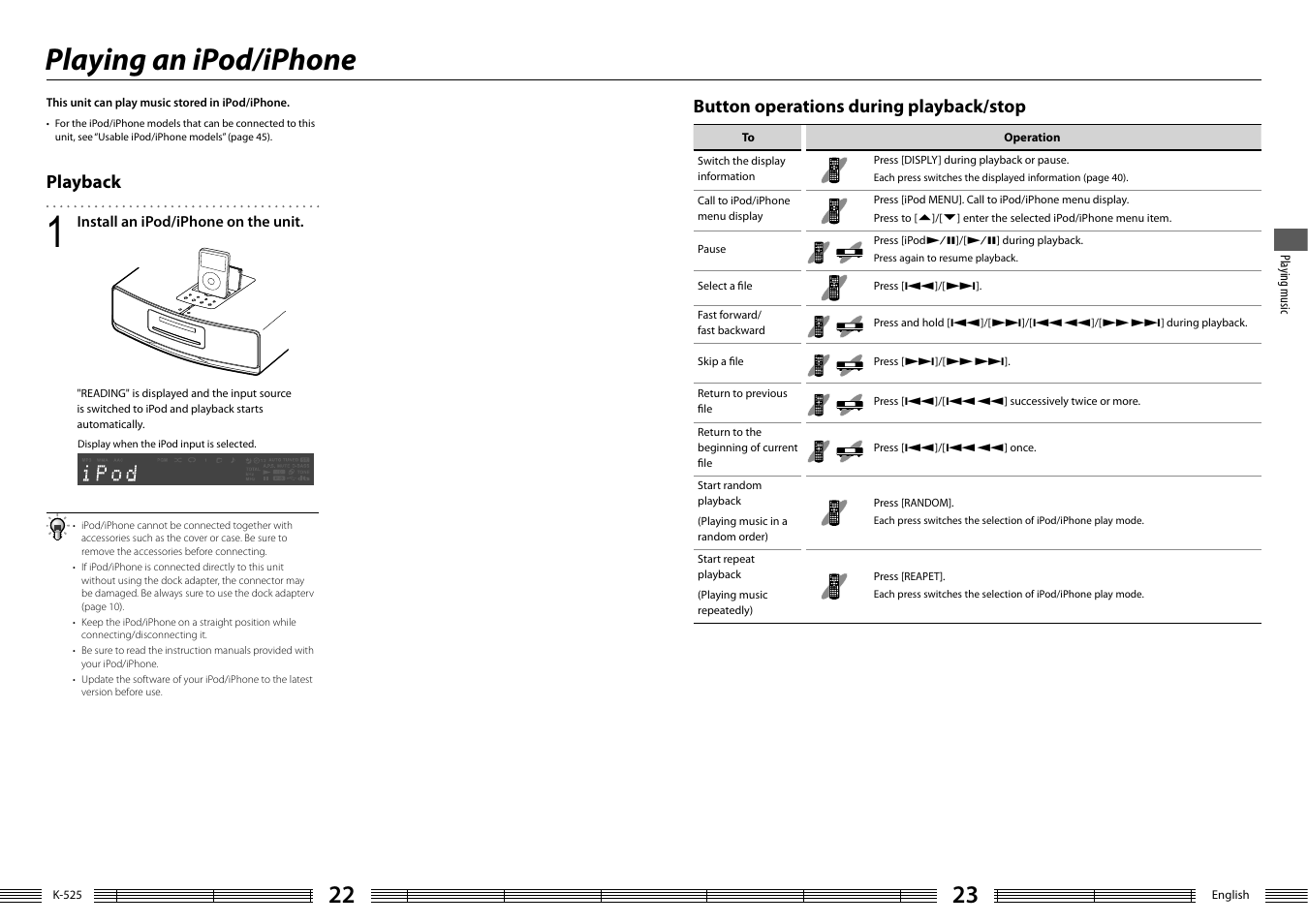 Playing an ipod/iphone, Playback, Button operations during playback/stop | Kenwood K-525-S User Manual | Page 12 / 27