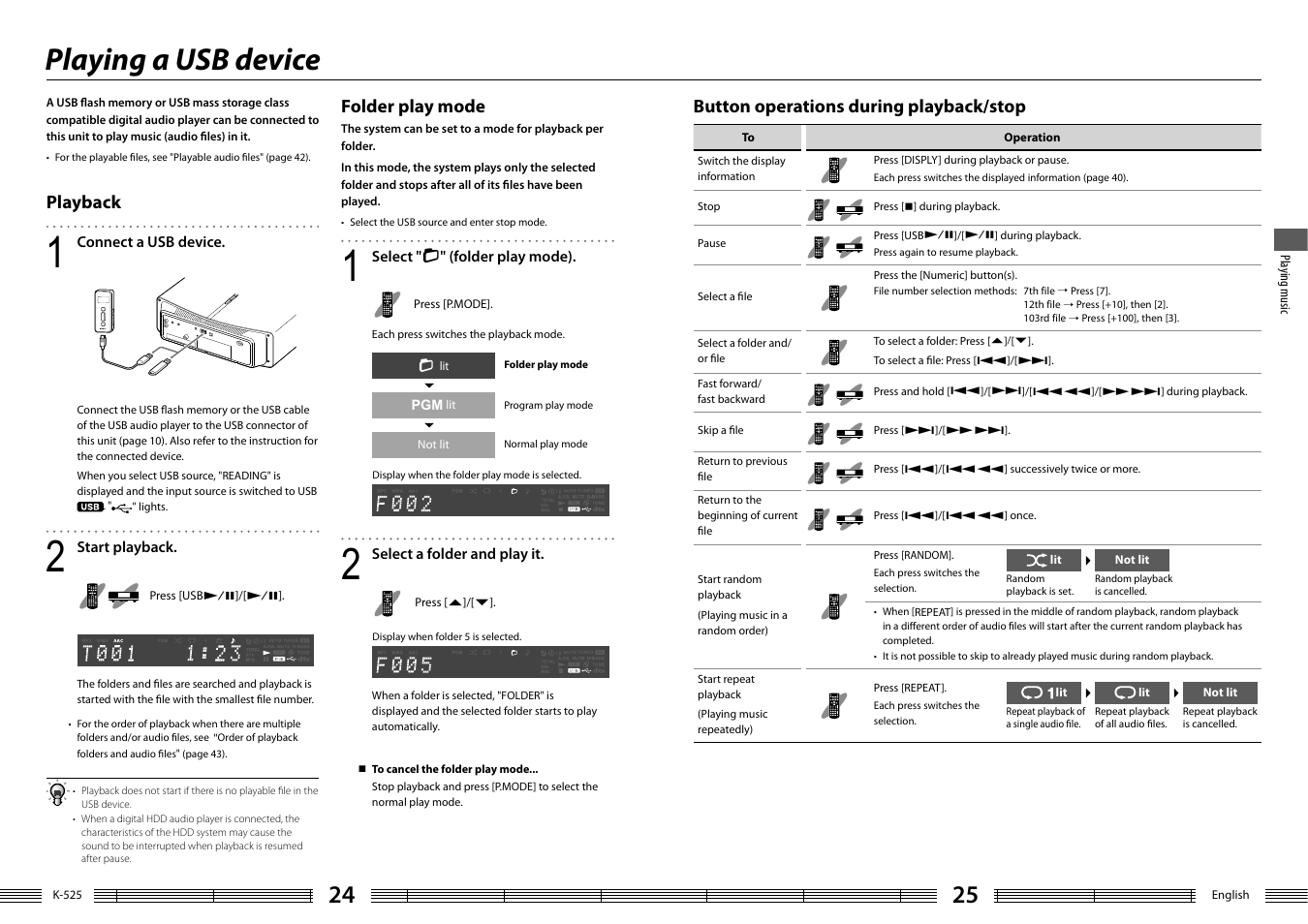 Playing a usb device, Playback, Folder play mode | Button operations during playback/stop | Kenwood K-525-S User Manual | Page 13 / 27