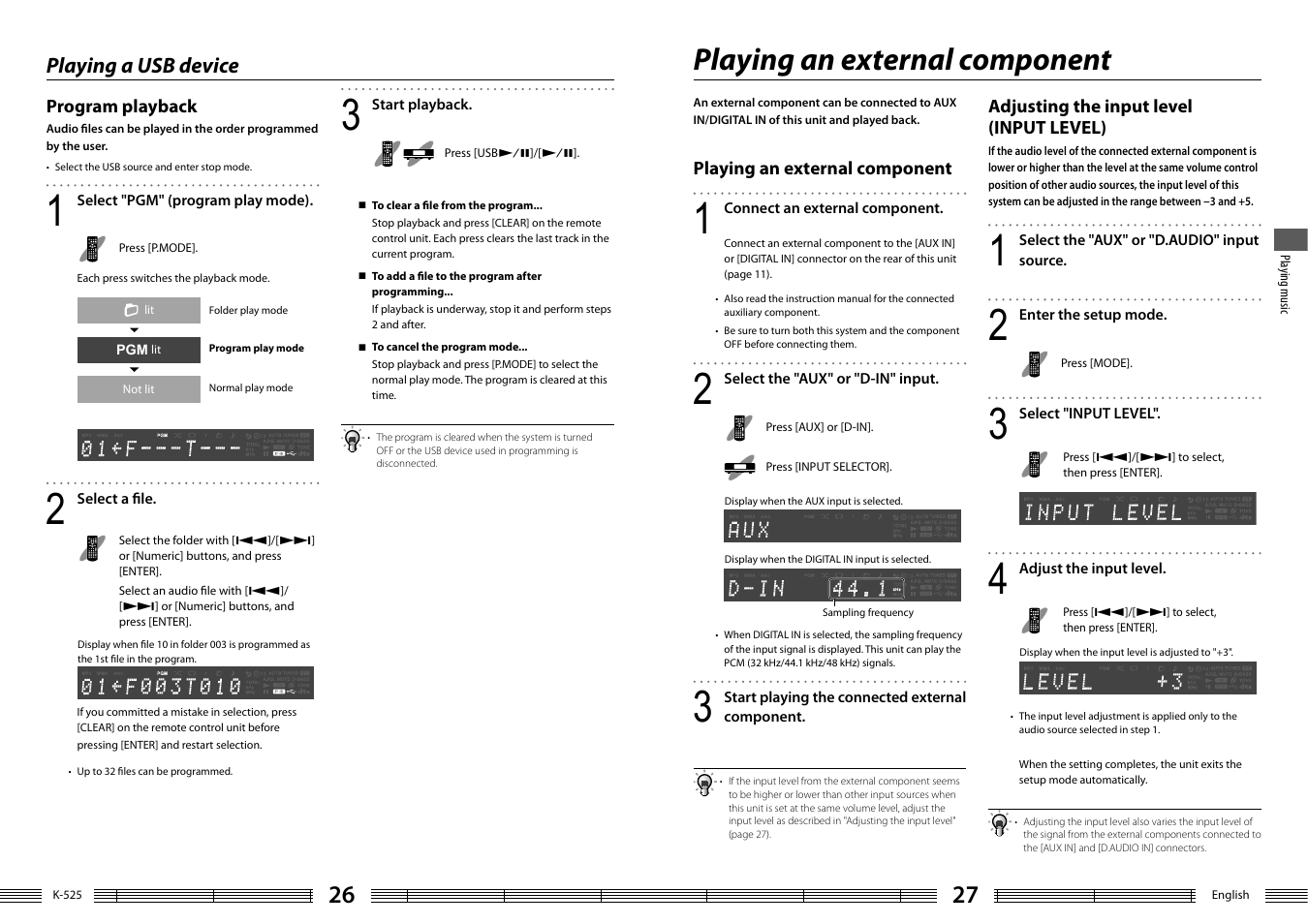 Playing an external component, Playing a usb device | Kenwood K-525-S User Manual | Page 14 / 27