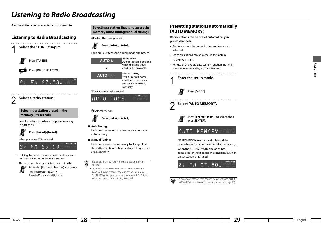 Listening to radio broadcasting | Kenwood K-525-S User Manual | Page 15 / 27