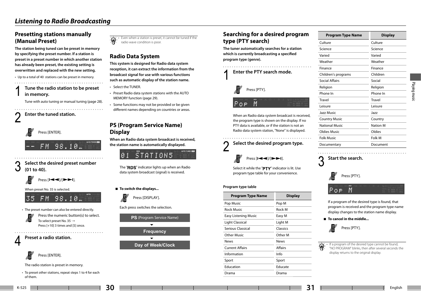 Listening to radio broadcasting | Kenwood K-525-S User Manual | Page 16 / 27