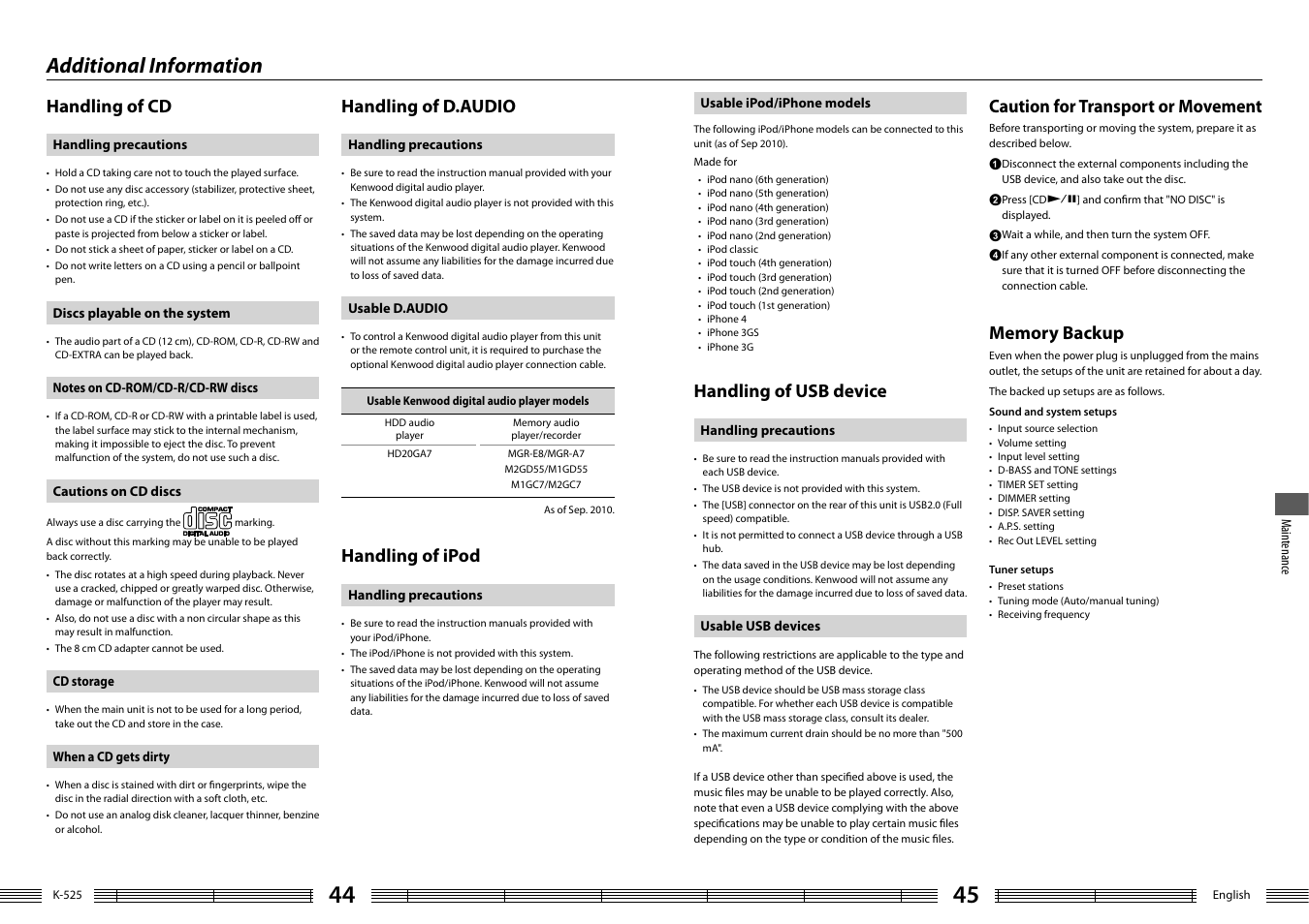 Additional information, Handling of d.audio, Handling of ipod | Handling of cd, Handling of usb device, Caution for transport or movement | Kenwood K-525-S User Manual | Page 23 / 27