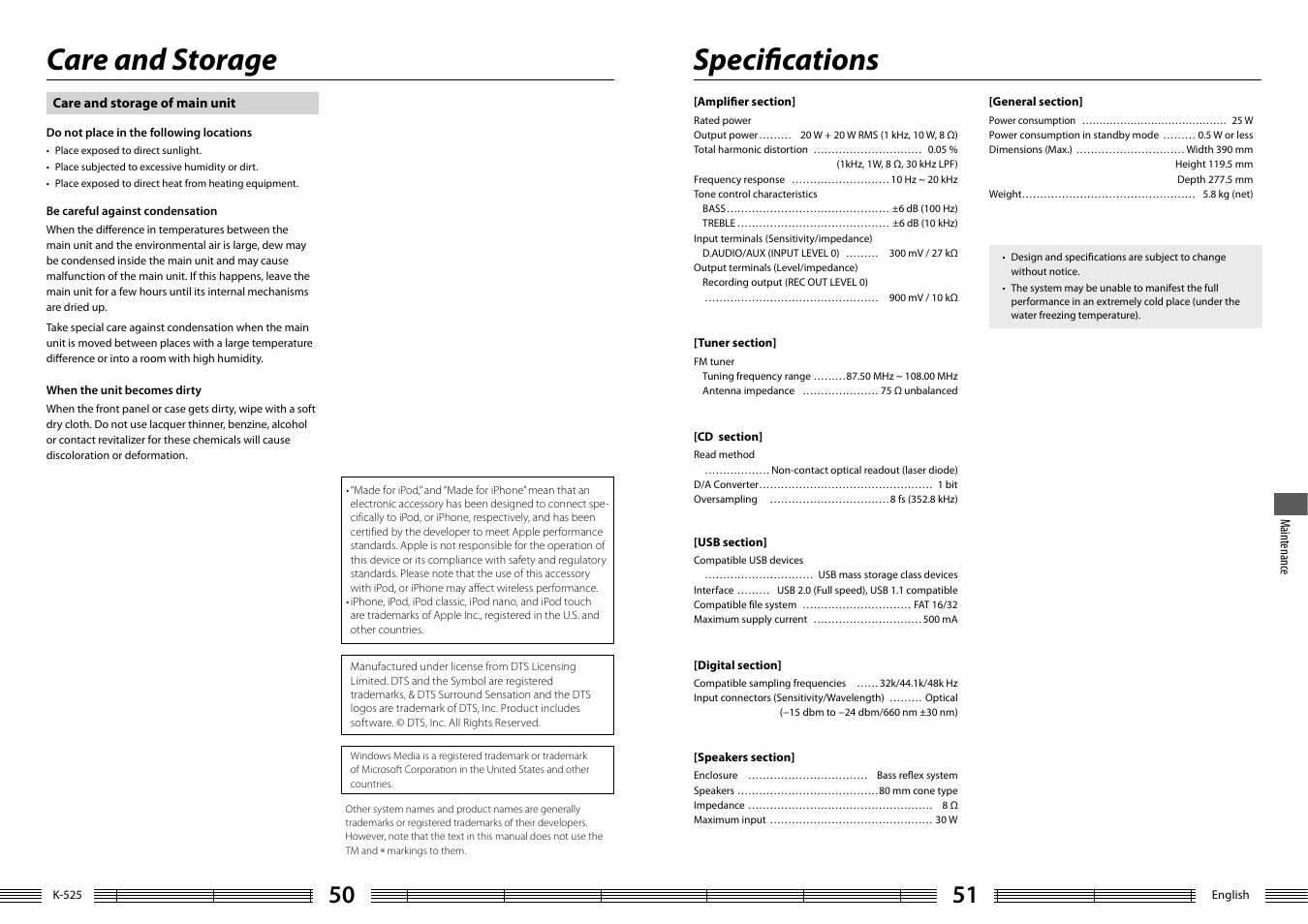 Care and storage, Specifi cations | Kenwood K-525-S User Manual | Page 26 / 27