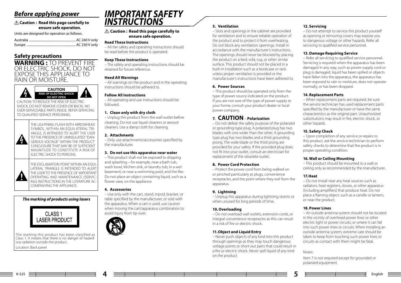 Important safety instructions, Before applying power, Caution | Kenwood K-525-S User Manual | Page 3 / 27