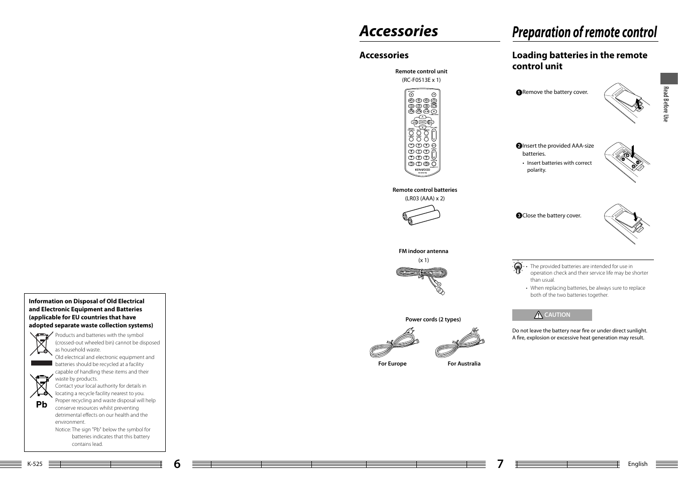 Accessories, Preparation of remote control | Kenwood K-525-S User Manual | Page 4 / 27